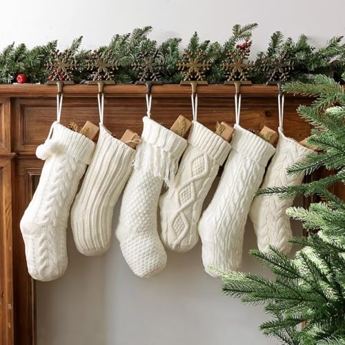 Christmas Stockings: 6 Pack Cream & White Cable Knit Patterns Fireplace Stockings, Rustic Hanging Xmas Stockings Farmhouse Boho Beige Knitted Stocking Decorations for Family Holiday Decor