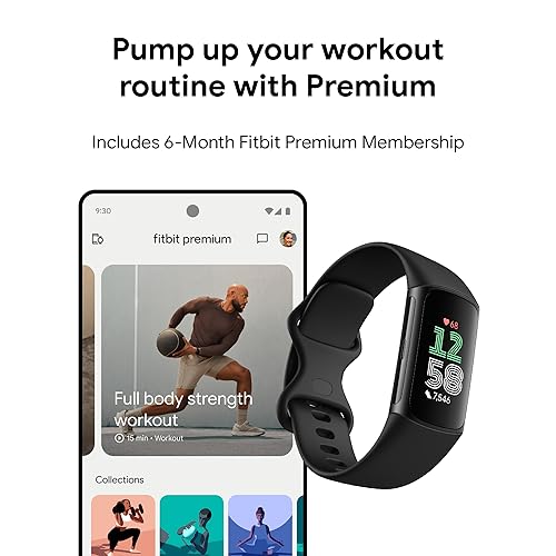 Fitbit Charge 6 Fitness Tracker with Google apps, Heart Rate on Exercise Equipment, 6-Months Premium Membership Included, GPS, Health Tools and More, Obsidian/Black, One Size (S & L Bands Included)