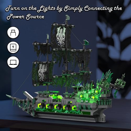 JMBricklayer Pirate Ship Building Toys with Lights, Ghost Ship Flying Dutchman Model Ship Boat 40001, Toy Building Sets for Adults, Pirate Ship Fathers Day Birthday Gifts Ideas for Boys Girls 14+