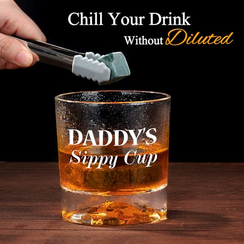 PONPUR Gifts for Dad Fathers Day, Daddy Sippy Cup Whiskey Glass Gifts Set with 4 Whiskey Stones & Wooden Box, Funny Gag Birthday Gifts for New Dad Him Husband, Dad Gifts, Stocking Stuffers