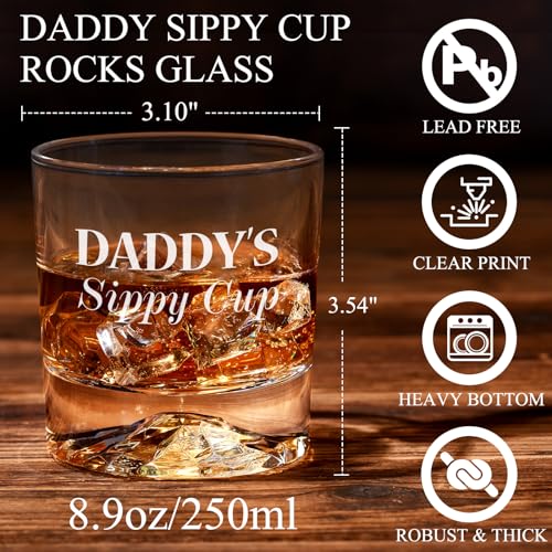 PONPUR Gifts for Dad Fathers Day, Daddy Sippy Cup Whiskey Glass Gifts Set with 4 Whiskey Stones & Wooden Box, Funny Gag Birthday Gifts for New Dad Him Husband, Dad Gifts, Stocking Stuffers