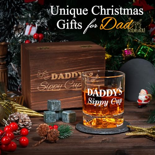 PONPUR Gifts for Dad Fathers Day, Daddy Sippy Cup Whiskey Glass Gifts Set with 4 Whiskey Stones & Wooden Box, Funny Gag Birthday Gifts for New Dad Him Husband, Dad Gifts, Stocking Stuffers