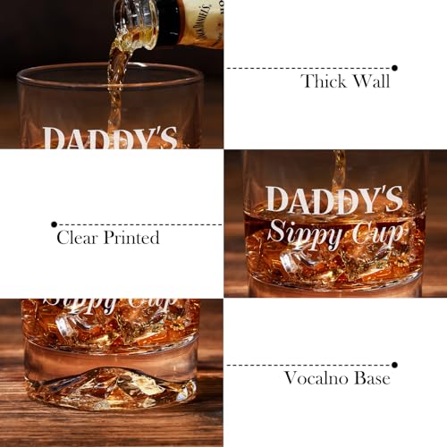 PONPUR Gifts for Dad Fathers Day, Daddy Sippy Cup Whiskey Glass Gifts Set with 4 Whiskey Stones & Wooden Box, Funny Gag Birthday Gifts for New Dad Him Husband, Dad Gifts, Stocking Stuffers