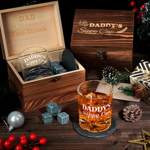 PONPUR Gifts for Dad Fathers Day, Daddy Sippy Cup Whiskey Glass Gifts Set with 4 Whiskey Stones & Wooden Box, Funny Gag Birthday Gifts for New Dad Him Husband, Dad Gifts, Stocking Stuffers