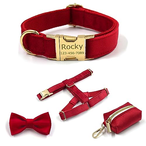 Custom Personalized Dog Collars with Pet Name/Phone Number Engraved Gold Metal Buckle - Adjustable Sizes Soft Thick Velvet Collar for Small Medium Large Dogs 4 Colors - Dog Leash and Bow Tie Available