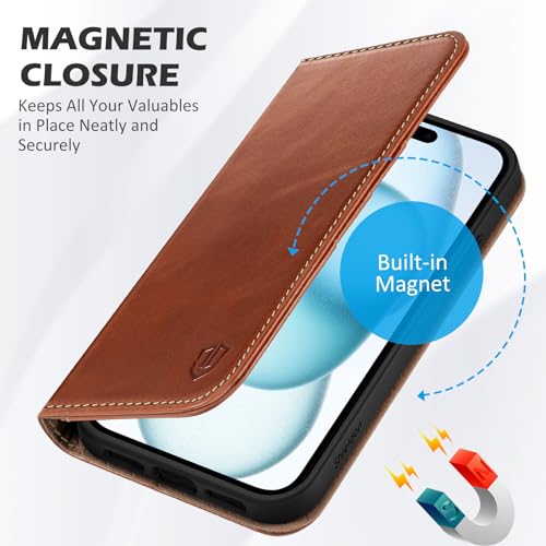 SHIELDON Case for iPhone 15 5G 2023, Genuine Leather Wallet Book Case Magnetic RFID Blocking Credit Card Holder Kickstand Shock Absorbing Case Compatible with iPhone 15 6.1" - Retro Brown