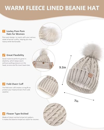 Womens Beanie Hat Scarf Gloves Set, Soft Fleece Lined Winter Hat with Pom Pom, Long Knit Scarf Neck Warmer Touchscreen Gloves for Cold Weather, 3 in 1 Warm Set(Oatmeal)