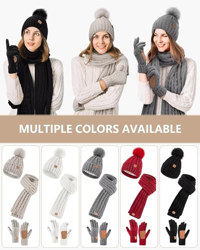 Womens Beanie Hat Scarf Gloves Set, Soft Fleece Lined Winter Hat with Pom Pom, Long Knit Scarf Neck Warmer Touchscreen Gloves for Cold Weather, 3 in 1 Warm Set(Oatmeal)