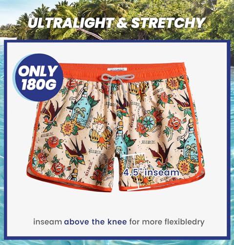 maamgic Mens Swim Trunks Retro Swim Shorts 4 Way Stretch with Mesh Vintage 80s 90s Quick Dry Swim Suits Board Shorts