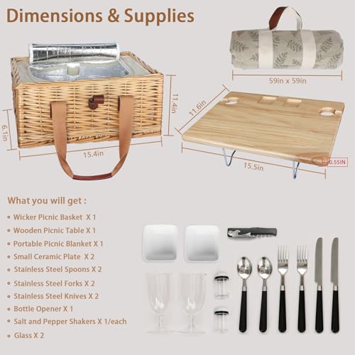 Hap Tim Wicker Picnic Basket for 2 with Mini Folding Wine Picnic Table & Large Insulated Cooler Bag & Cutlery Service Kits for 2 Person, Couples Gifts, Wedding Gifts (Y2307-2-CM)