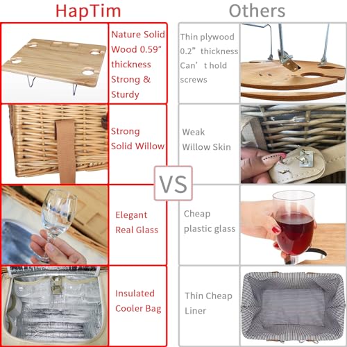 Hap Tim Wicker Picnic Basket for 2 with Mini Folding Wine Picnic Table & Large Insulated Cooler Bag & Cutlery Service Kits for 2 Person, Couples Gifts, Wedding Gifts (Y2307-2-CM)