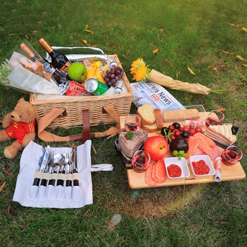 Hap Tim Wicker Picnic Basket for 2 with Mini Folding Wine Picnic Table & Large Insulated Cooler Bag & Cutlery Service Kits for 2 Person, Couples Gifts, Wedding Gifts (Y2307-2-CM)