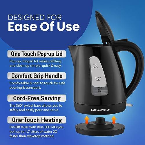 Elite Gourmet EKT8690 1.7L Electric Tea Kettle 1500W Hot Water Heater Boiler BPA-Free, Fast Boil, Water Level Window and Auto Shut-Off, Black