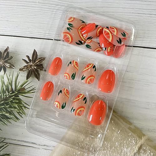 Summer Press on Nails Short Oval, Artificial Acrylic Fake Nails with Fruit Design, Full Cover Reusable Coffin Shaped Glossy False Nails, Glue on Nails for Women Set, DIY Stick on Nails 24Pcs