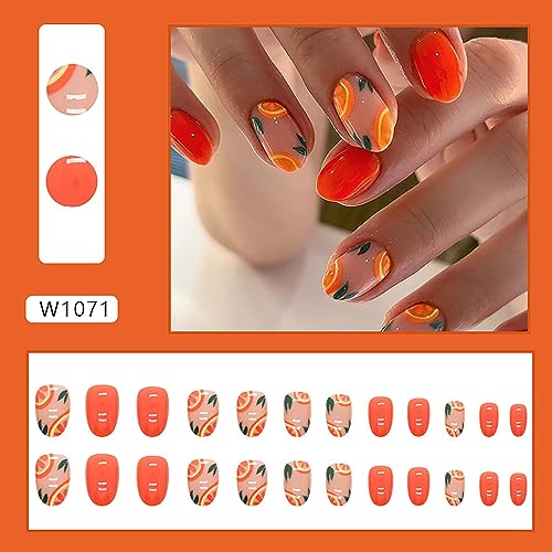 Summer Press on Nails Short Oval, Artificial Acrylic Fake Nails with Fruit Design, Full Cover Reusable Coffin Shaped Glossy False Nails, Glue on Nails for Women Set, DIY Stick on Nails 24Pcs