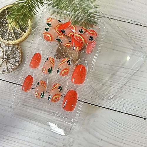 Summer Press on Nails Short Oval, Artificial Acrylic Fake Nails with Fruit Design, Full Cover Reusable Coffin Shaped Glossy False Nails, Glue on Nails for Women Set, DIY Stick on Nails 24Pcs