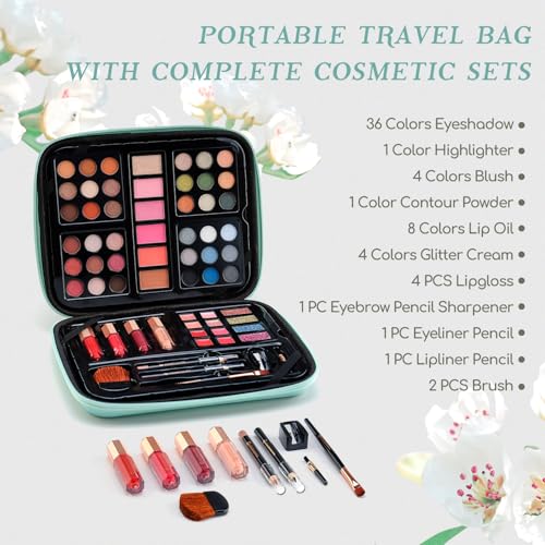 Color Nymph Beginner Makeup Kits Gift for Teens, Makeup Palettes with Reusable Handbag Includes 36 Colors Eyeshadow Blushes Bronzer Highlighter 4 Colors Lipgloss, Lip Oil Brushes Mint Green