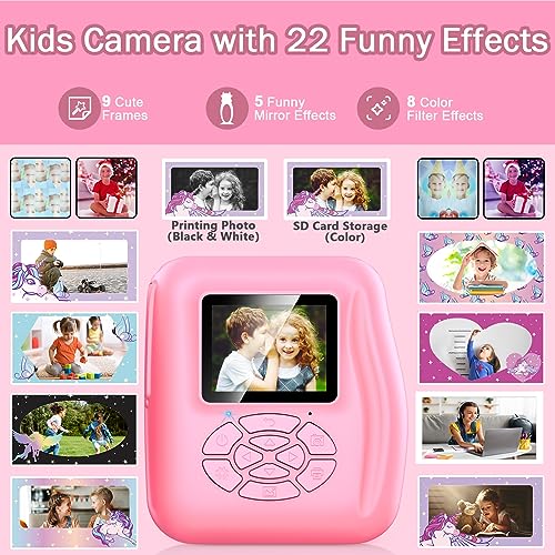 Instant Print Camera Gift for Kids Age 3-12 Girls Boys, 1080P HD Selfie Digital Camera, 12MP Kids Print Camera Toy with 180°Rotatable Camera, 16X Digital Zoom, 32GB TF Card, Colored Pens (Pink)