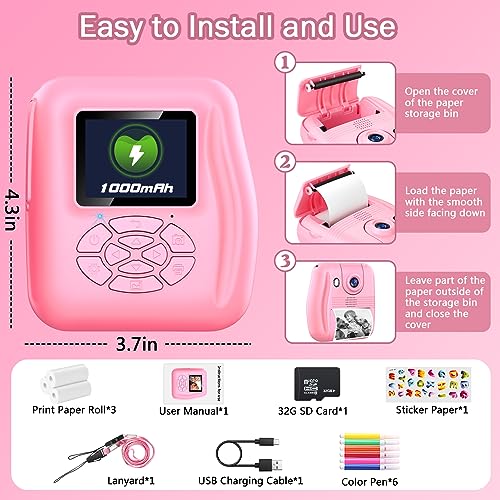 Instant Print Camera Gift for Kids Age 3-12 Girls Boys, 1080P HD Selfie Digital Camera, 12MP Kids Print Camera Toy with 180°Rotatable Camera, 16X Digital Zoom, 32GB TF Card, Colored Pens (Pink)