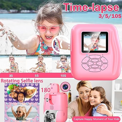 Instant Print Camera Gift for Kids Age 3-12 Girls Boys, 1080P HD Selfie Digital Camera, 12MP Kids Print Camera Toy with 180°Rotatable Camera, 16X Digital Zoom, 32GB TF Card, Colored Pens (Pink)