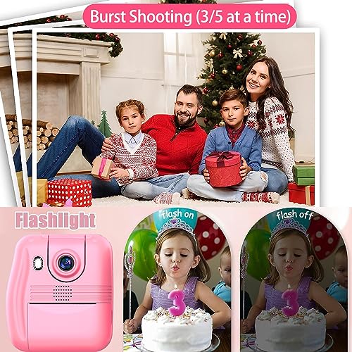 Instant Print Camera Gift for Kids Age 3-12 Girls Boys, 1080P HD Selfie Digital Camera, 12MP Kids Print Camera Toy with 180°Rotatable Camera, 16X Digital Zoom, 32GB TF Card, Colored Pens (Pink)