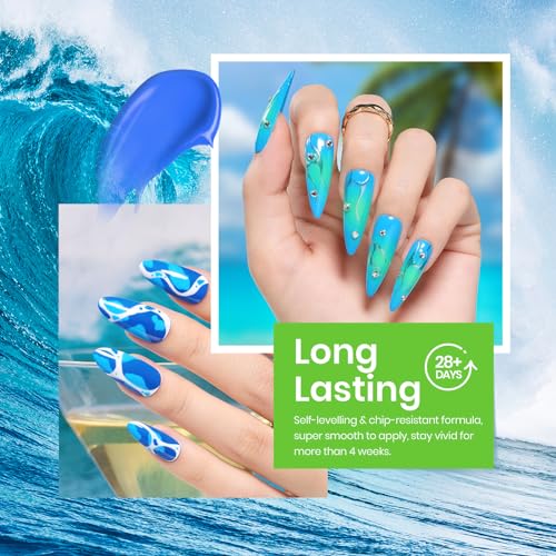 Beetles Summer Blue Gel Nail Polish, 6 Colors Shimmer Swirl Pacific Blue Glitter Blue Green Gel Polish Swirl Shell Thread Effect Soak Off Nail Art Design Salon Home Manicure Gift for Girls Women