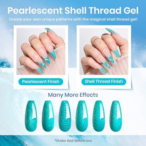 Beetles Summer Blue Gel Nail Polish, 6 Colors Shimmer Swirl Pacific Blue Glitter Blue Green Gel Polish Swirl Shell Thread Effect Soak Off Nail Art Design Salon Home Manicure Gift for Girls Women