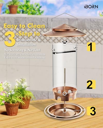 iBorn Metal Bird Feeder for Outside Hanging,Wild Bird Feeders for Cardinal,18cm Large Roof&Tray Brushed Copper 6 Port (Seed is not Included)