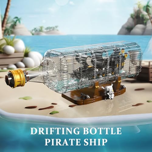 Mould King 10065 Drift Bottle with Black Pearl Ship Building Blocks Set, Pirate Ship in Bottle Model Building Kit with Display Stand, Collectible Bottle Toy for Adults (2206 Pieces)