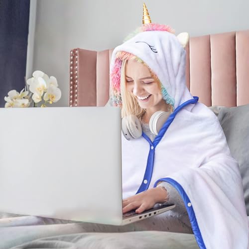 Unicorn Wearable Hooded Throw Blanket for Adults - Super Soft Warm Cozy Plush Flannel Fleece & Fluffy Shaggy Faux Fur Hoodie Throw Cloak Wrap - Unicorn Gifts for Women Adults and Kids