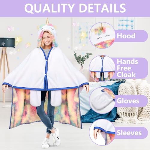 Unicorn Wearable Hooded Throw Blanket for Adults - Super Soft Warm Cozy Plush Flannel Fleece & Fluffy Shaggy Faux Fur Hoodie Throw Cloak Wrap - Unicorn Gifts for Women Adults and Kids