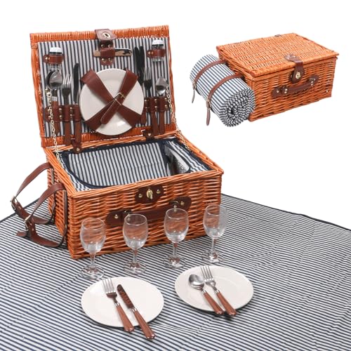 Willow Picnic Basket for 4 Persons with Insulated Compartment, Picnic Basket Sets with Utensils Cutlery Perfect for Valentine Day Wedding, Wicker Hamper for Outdoor Patio Lawn Garden Picnic & Camping