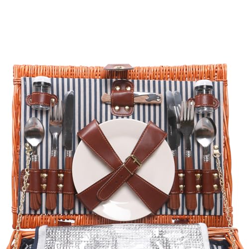 Willow Picnic Basket for 4 Persons with Insulated Compartment, Picnic Basket Sets with Utensils Cutlery Perfect for Valentine Day Wedding, Wicker Hamper for Outdoor Patio Lawn Garden Picnic & Camping