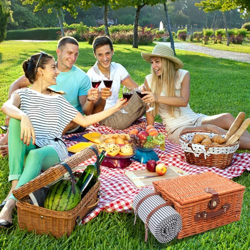 Willow Picnic Basket for 4 Persons with Insulated Compartment, Picnic Basket Sets with Utensils Cutlery Perfect for Valentine Day Wedding, Wicker Hamper for Outdoor Patio Lawn Garden Picnic & Camping