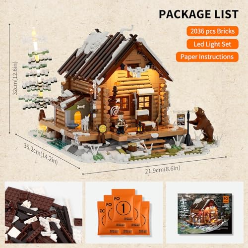 FUNWHOLE Hunting-Cabin Lighting Building-Bricks Set - Retro Wooden Cabin LED Light Construction Building Model Set 2036 Pcs for Adults and Teen