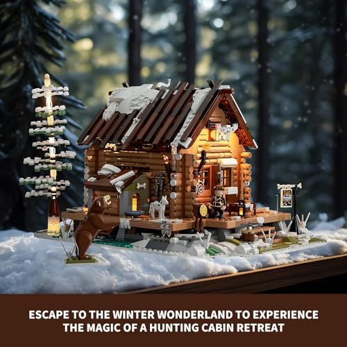 FUNWHOLE Hunting-Cabin Lighting Building-Bricks Set - Retro Wooden Cabin LED Light Construction Building Model Set 2036 Pcs for Adults and Teen