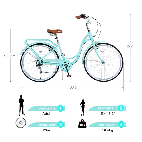 Womens Beach Cruiser Bike 26 Inch Bicycles for Women Adjustable Seat Bike, 7 Speed Commute Bike for Women Adults, Complete Cruiser Bikes Womens Bicycle