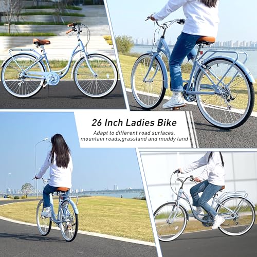 Womens Beach Cruiser Bike 26 Inch Bicycles for Women Adjustable Seat Bike, 7 Speed Commute Bike for Women Adults, Complete Cruiser Bikes Womens Bicycle