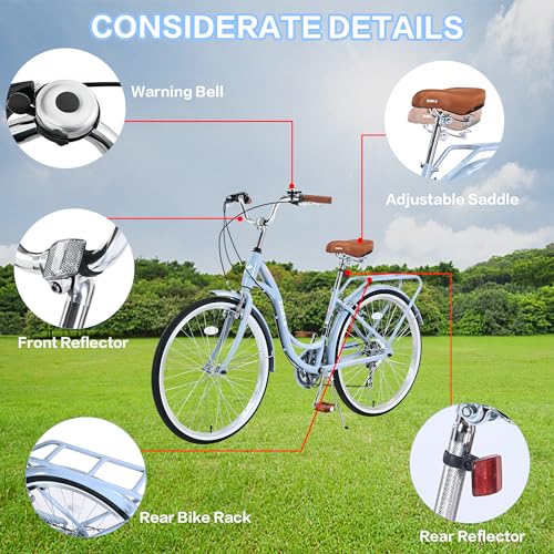 Womens Beach Cruiser Bike 26 Inch Bicycles for Women Adjustable Seat Bike, 7 Speed Commute Bike for Women Adults, Complete Cruiser Bikes Womens Bicycle