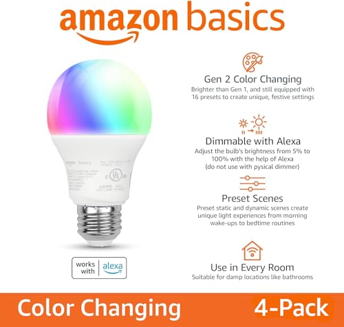 Amazon Basics Smart A19 LED Light Bulb, Multicolor Changing, 9W (60W Equivalent), 800LM, Works with Alexa Only, 2.4 GHz Wi-Fi, No Hub Required, 4-Pack