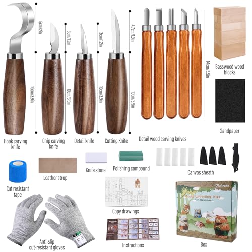 Wood Carving Kit 4pcs Whittling Knife and 5pcs K2 Carbon Steel Wood Carving Knife,Wood Carving Tools Set with 8pcs Basswood Wood Blocks for Adults Kids Beginners Woodworking Whittling Kit Gifts