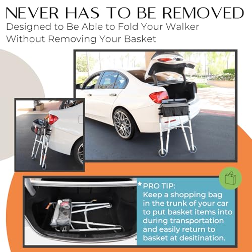 Walker Basket for Folding Walker +Flip-Down Walker Tray +Reacher/ Cane Holder Strap + Cup Holder | Basket for Walker Bags for Folding Walker with Wheels, Walker Accessories for Walker Rollator - GRAY