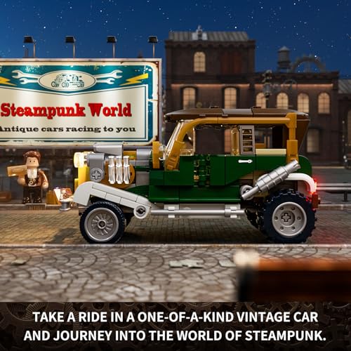 FUNWHOLE Vintage-Car Lighting Building-Bricks Set - Steampunk Vintage Vehicle LED Light Construction Building Model Set 282 Pcs for Adults and Teen