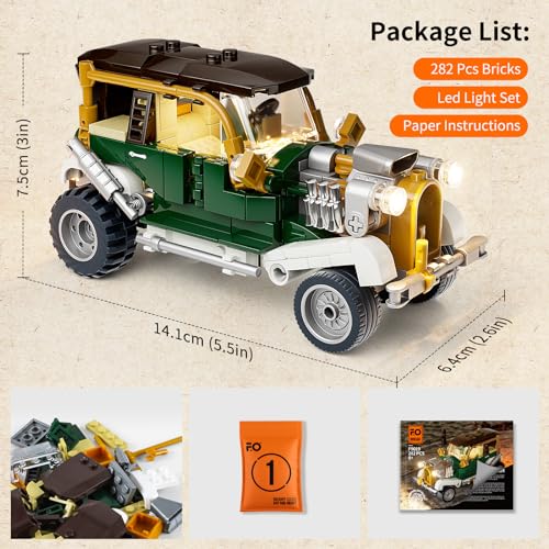 FUNWHOLE Vintage-Car Lighting Building-Bricks Set - Steampunk Vintage Vehicle LED Light Construction Building Model Set 282 Pcs for Adults and Teen