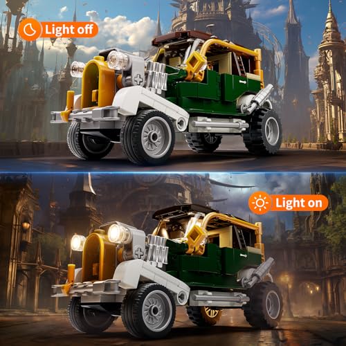 FUNWHOLE Vintage-Car Lighting Building-Bricks Set - Steampunk Vintage Vehicle LED Light Construction Building Model Set 282 Pcs for Adults and Teen