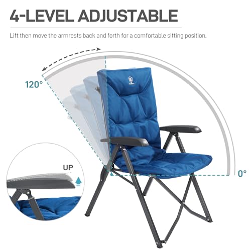 EVER ADVANCED Folding Padded Camping Chair 4 Positon Adjustable Recliner with High Back Support Portable for Adults, 300lbs Weight Capacity, Blue