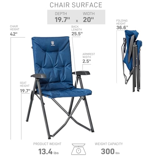 EVER ADVANCED Folding Padded Camping Chair 4 Positon Adjustable Recliner with High Back Support Portable for Adults, 300lbs Weight Capacity, Blue