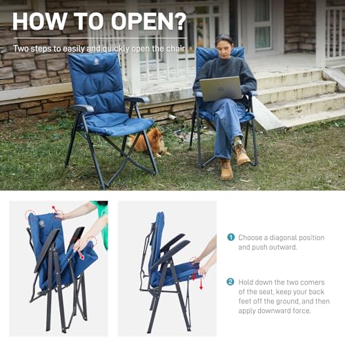 EVER ADVANCED Folding Padded Camping Chair 4 Positon Adjustable Recliner with High Back Support Portable for Adults, 300lbs Weight Capacity, Blue