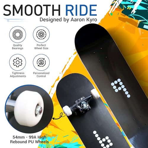 Braille Complete Skateboard for Adults Teens Boys Girls Kids Skateboard Standard Skateboard for Tricks, 31.5” Pro Skate Board