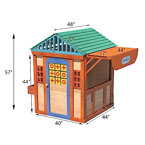 Outdoor Playhouse for Age 3-8 Years Boy Girl, Wooden Cottage Playhouse with 4 Game Awning Window, Ball Wall & Tetris. Play House for Outdoor Garden, Lawn, Patio, Yard.